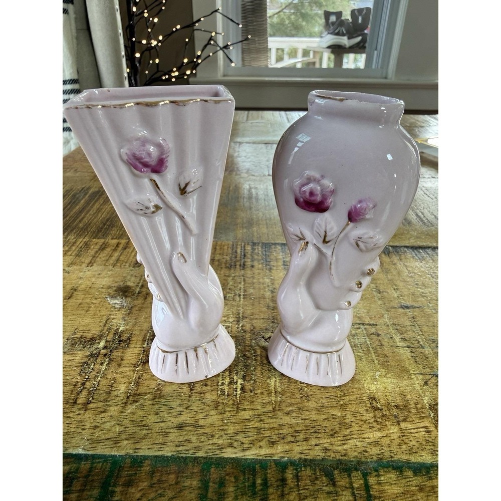 2 Vtg Royal Japan Hand Holding Vases Hand Painted pink rose ceramic